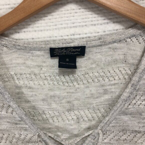 LUCKY BRAND Linen Ivory gray lightweight sweater with neck tie Boho Women size S - Picture 3 of 5